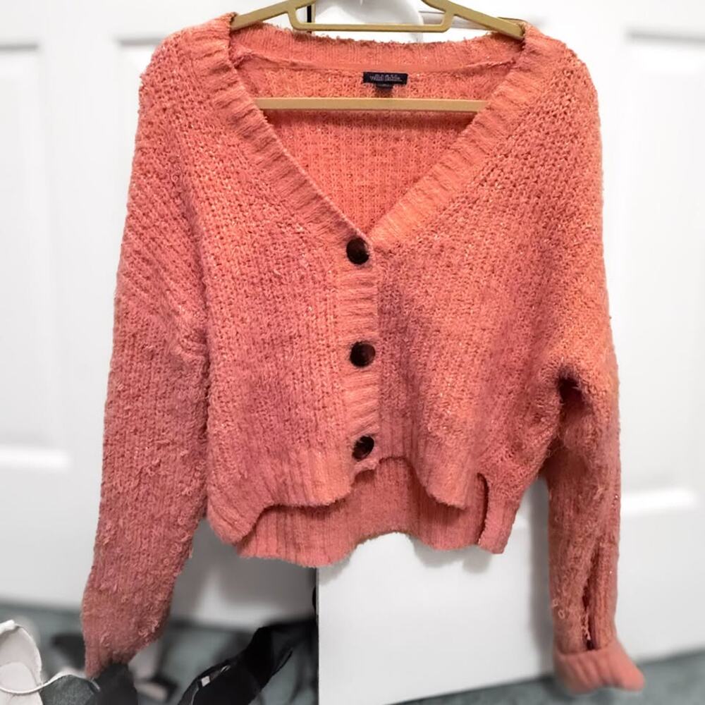 Wild Fable Pink Sparkle Fuzzy Knit Button-Front Cropped Cardigan Women's Size M